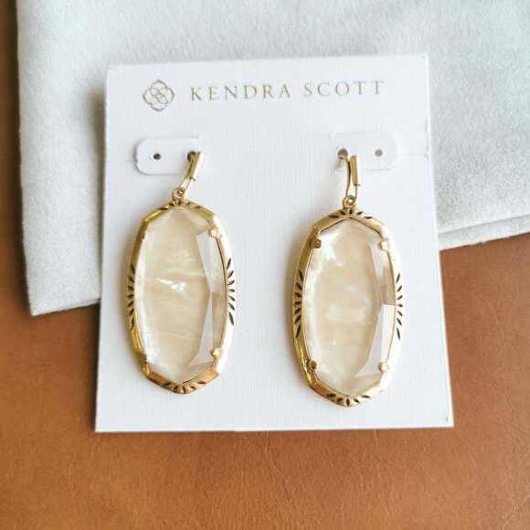 Kendra Scott Elle Vintage Gold Abalone Etch Frame Earrings Trendy - Picture 1 of 4